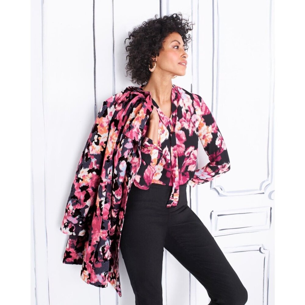 Chico’s NWT Long Sleeve Ikat Pink Black Blouse Top V Neck Tie Long Sleeve - Picture 3 of 9
